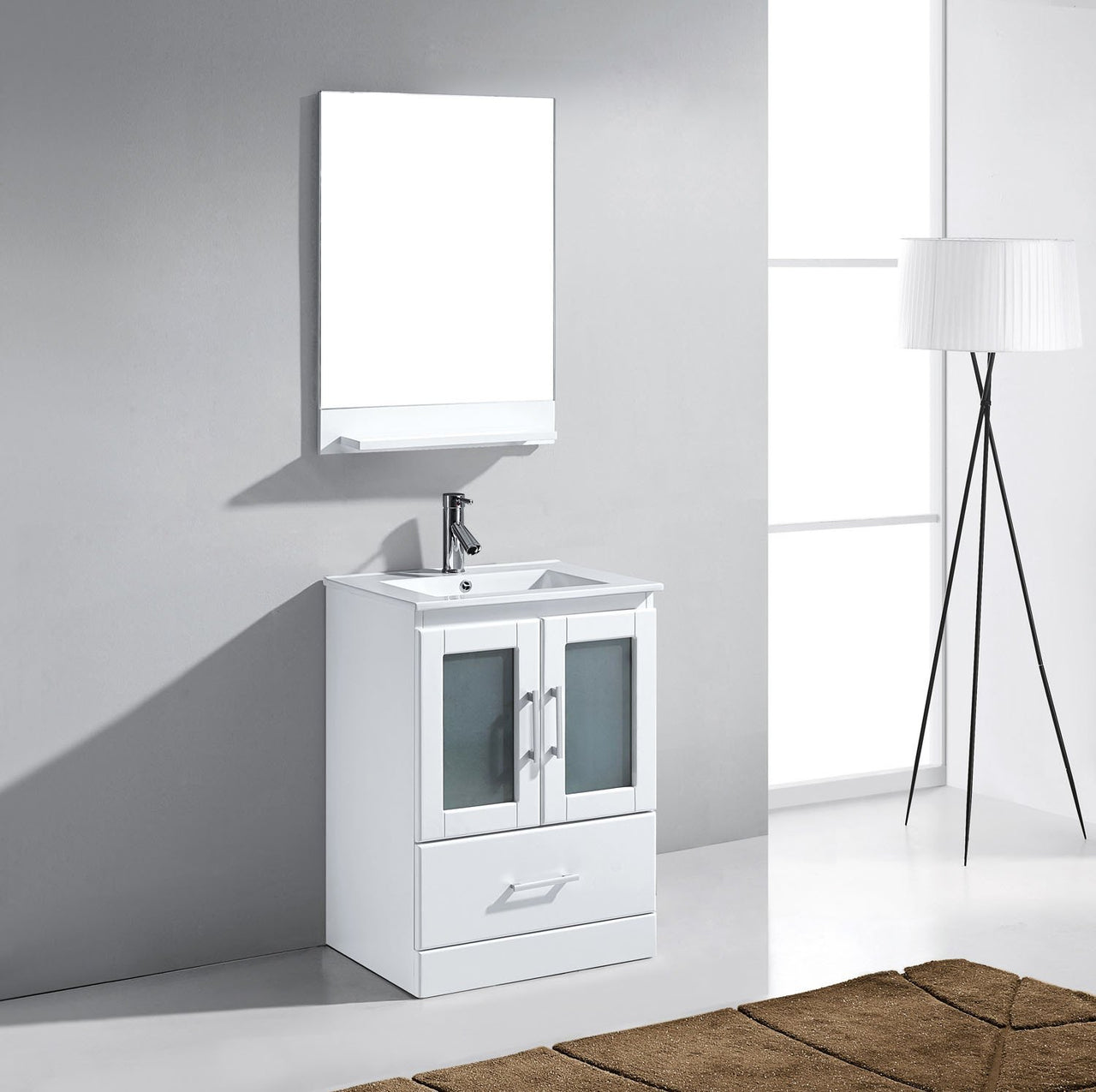 Virtu USA Zola 24" Single Square Sink White Top Vanity in White with Brushed Nickel Faucet and Mirror Vanity Virtu USA 