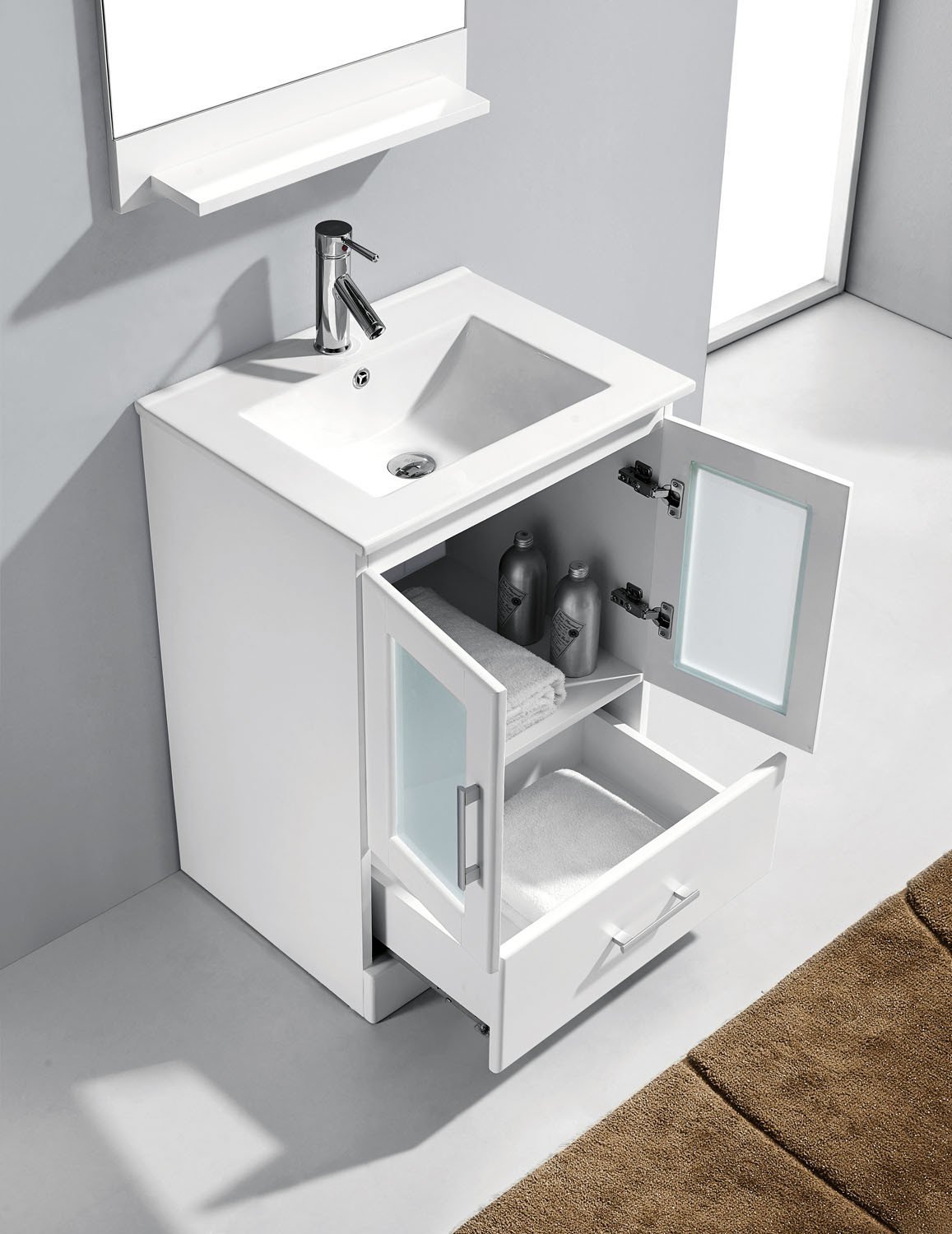 Virtu USA Zola 24" Single Square Sink White Top Vanity in White with Polished Chrome Faucet and Mirror Vanity Virtu USA 