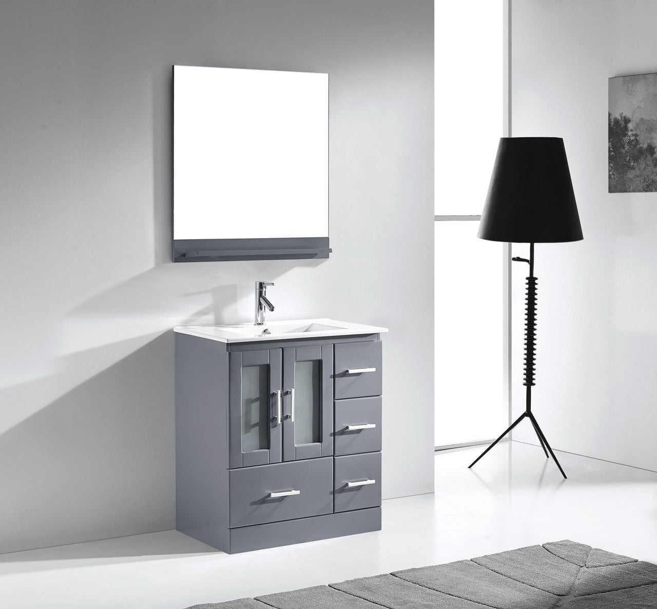 Virtu USA Zola 30" Single Square Sink Grey Top Vanity in Grey with Polished Chrome Faucet and Mirror Vanity Virtu USA 