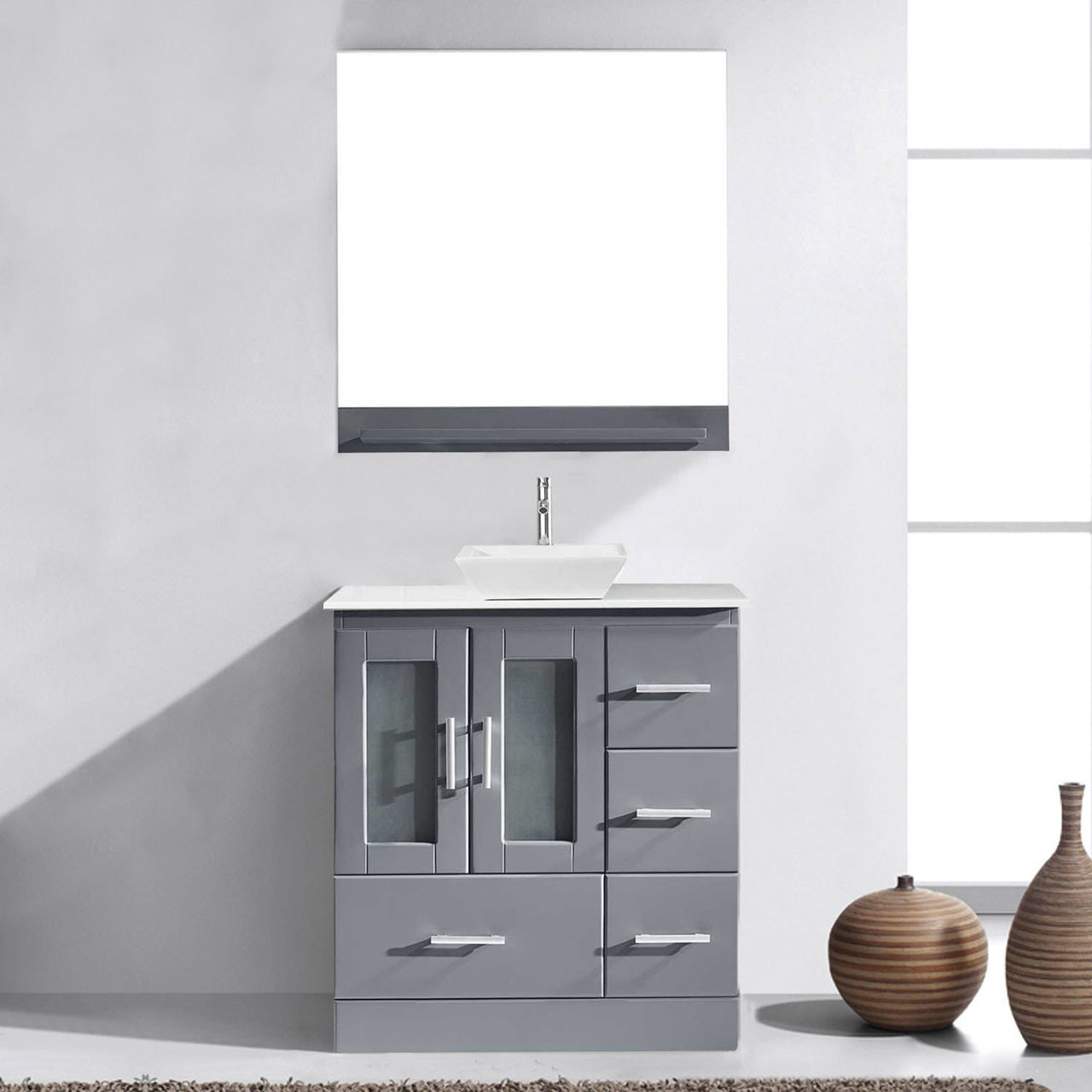 Virtu USA Zola 30" Single Square Sink Grey Top Vanity in Grey with Brushed Nickel Faucet and Mirror Vanity Virtu USA 