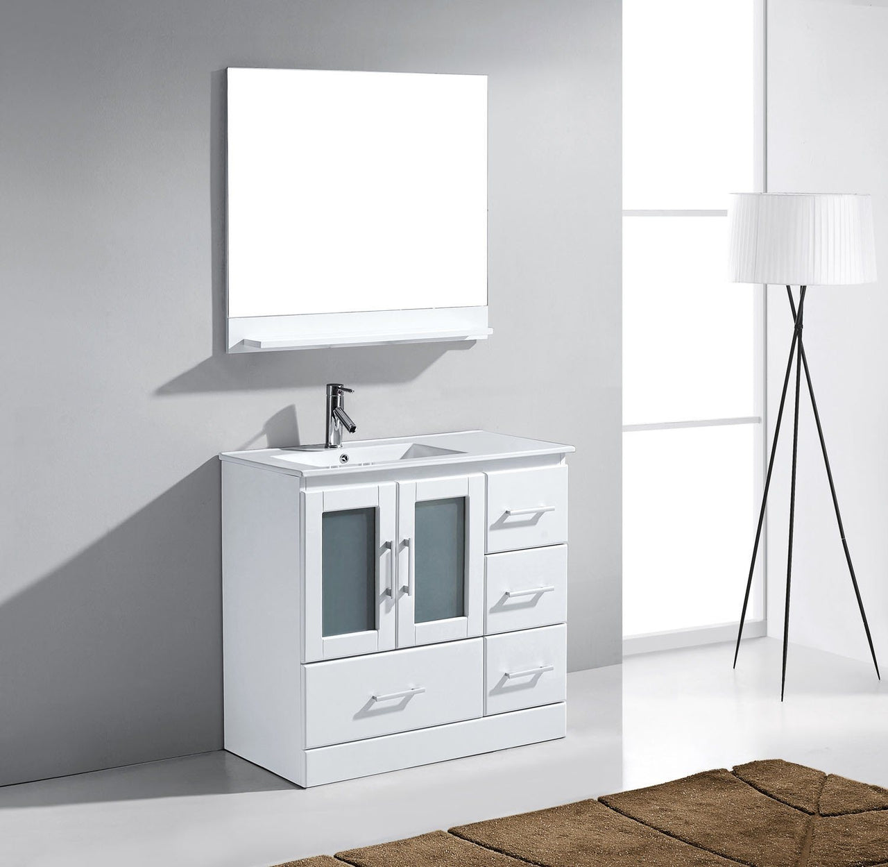 Virtu USA Zola 36" Single Square Sink White Top Vanity in White with Brushed Nickel Faucet and Mirror Vanity Virtu USA 