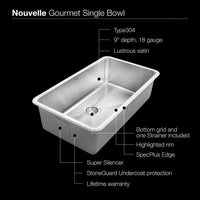 Thumbnail for Houzer Nouvelle Series 25mm Radius Undermount Stainless Steel Large Single Bowl Kitchen Sink Kitchen Sink - Undermount Houzer 