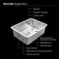 Thumbnail for Houzer Nouvelle Series 25mm Radius Undermount Stainless Steel Single Bowl Kitchen Sink Kitchen Sink - Undermount Houzer 