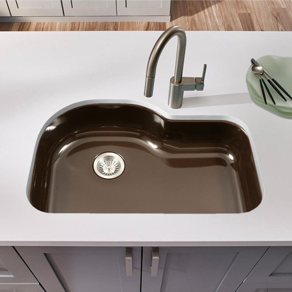 Houzer ES Porcela Series Porcelain Enamel Steel Undermount Offset Single Bowl Kitchen Sink, Espresso Kitchen Sink - Undermount Houzer 