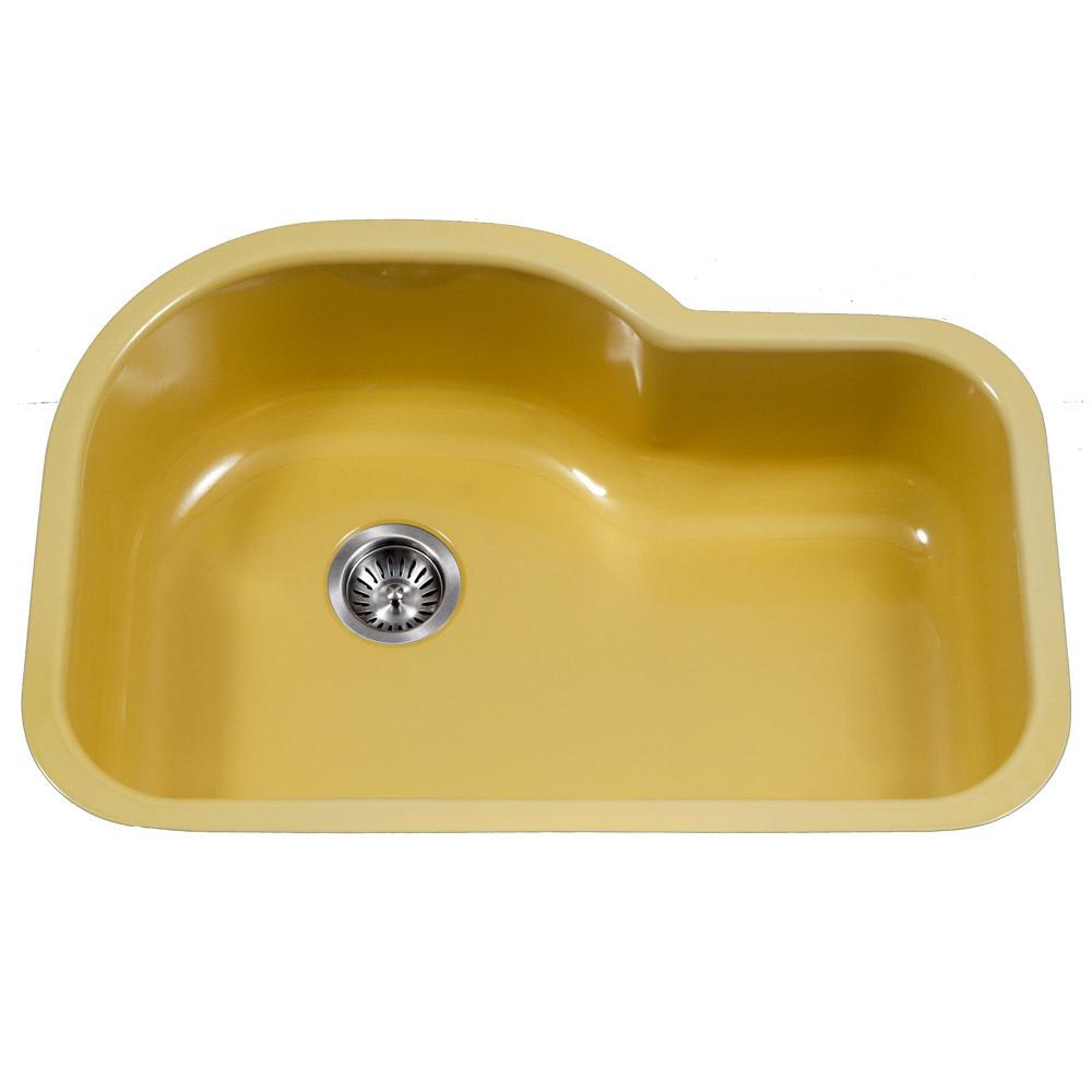 Houzer LE Porcela Series Porcelain Enamel Steel Undermount Offset Single Bowl Kitchen Sink, Lemon Kitchen Sink - Undermount Houzer 