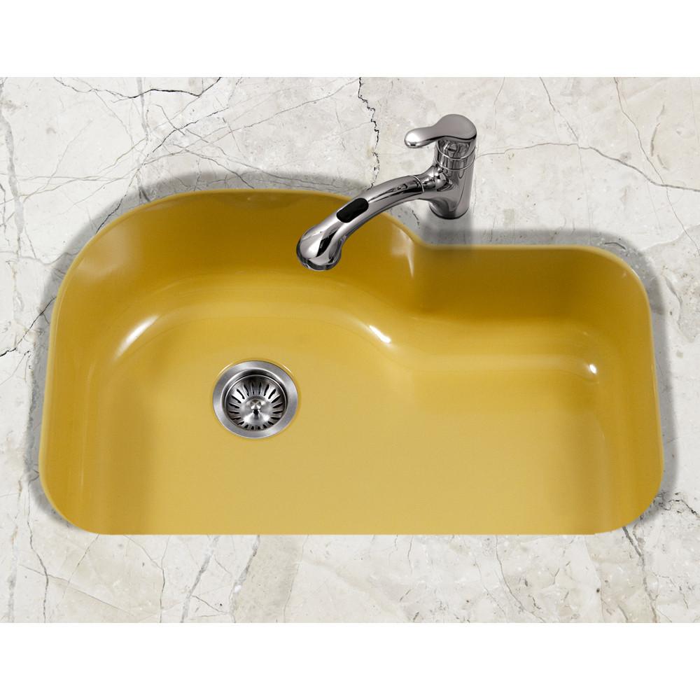 Houzer LE Porcela Series Porcelain Enamel Steel Undermount Offset Single Bowl Kitchen Sink, Lemon Kitchen Sink - Undermount Houzer 