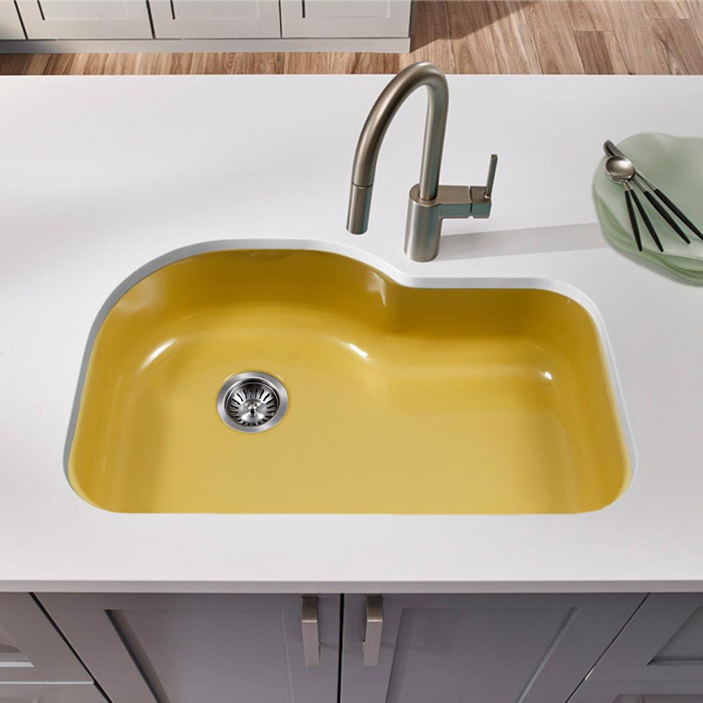 Houzer LE Porcela Series Porcelain Enamel Steel Undermount Offset Single Bowl Kitchen Sink, Lemon Kitchen Sink - Undermount Houzer 