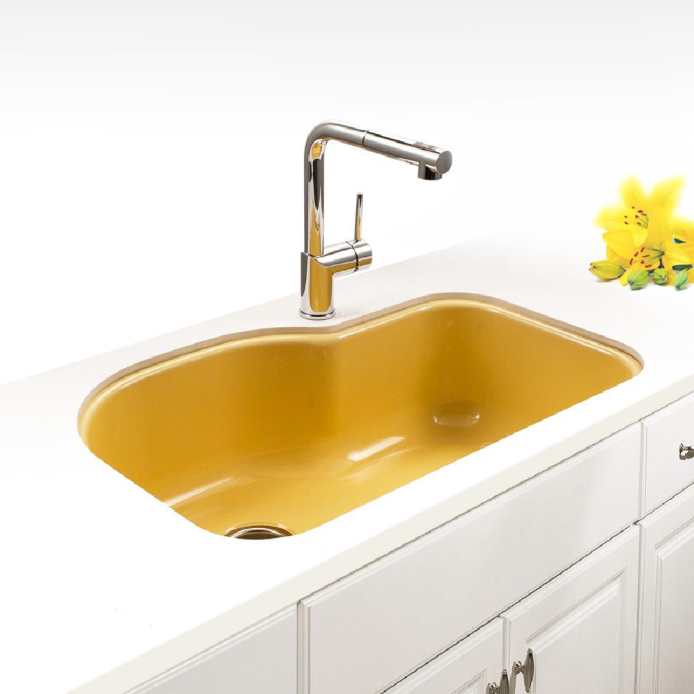 Houzer LE Porcela Series Porcelain Enamel Steel Undermount Offset Single Bowl Kitchen Sink, Lemon Kitchen Sink - Undermount Houzer 