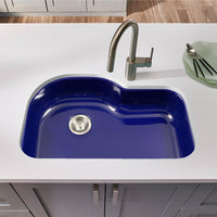 Thumbnail for Houzer NB Porcela Series Porcelain Enamel Steel Undermount Offset Single Bowl Kitchen Sink, Navy Blue Kitchen Sink - Undermount Houzer 