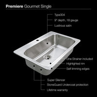 Thumbnail for Houzer Premiere Gourmet Series Topmount Stainless Steel 1-Hole Large Single Bowl Kitchen Sink Kitchen Sink - Topmount Houzer 