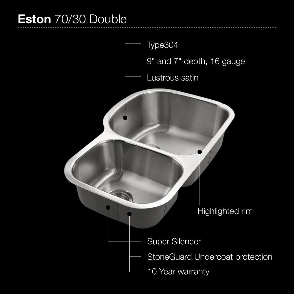 Houzer Eston Series Undermount Stainless Steel 70/30 Double Bowl Kitchen Sink, Small Bowl Left, 16 Gauge Kitchen Sink - Undermount Houzer 