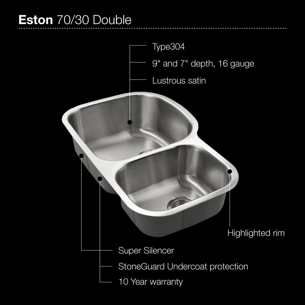 Houzer Eston Series Undermount Stainless Steel 70/30 Double Bowl Kitchen Sink, Small Bowl Right, 16 Gauge Kitchen Sink - Undermount Houzer 