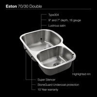 Thumbnail for Houzer Eston Series Undermount Stainless Steel 70/30 Double Bowl Kitchen Sink, Small Bowl Right, 16 Gauge Kitchen Sink - Undermount Houzer 