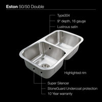 Thumbnail for Houzer Eston Series Undermount Stainless Steel 50/50 Double Bowl Kitchen Sink, 16 Gauge Kitchen Sink - Undermount Houzer 