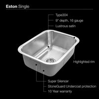 Thumbnail for Houzer Eston Series Undermount Stainless Steel Single Bowl Kitchen Sink, 16 Gauge Kitchen Sink- Undermount Houzer 