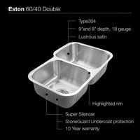 Thumbnail for Houzer Eston Series Undermount Stainless Steel 60/40 Double Bowl Kitchen Sink 18 Gauge Kitchen Sink - Undermount Houzer 