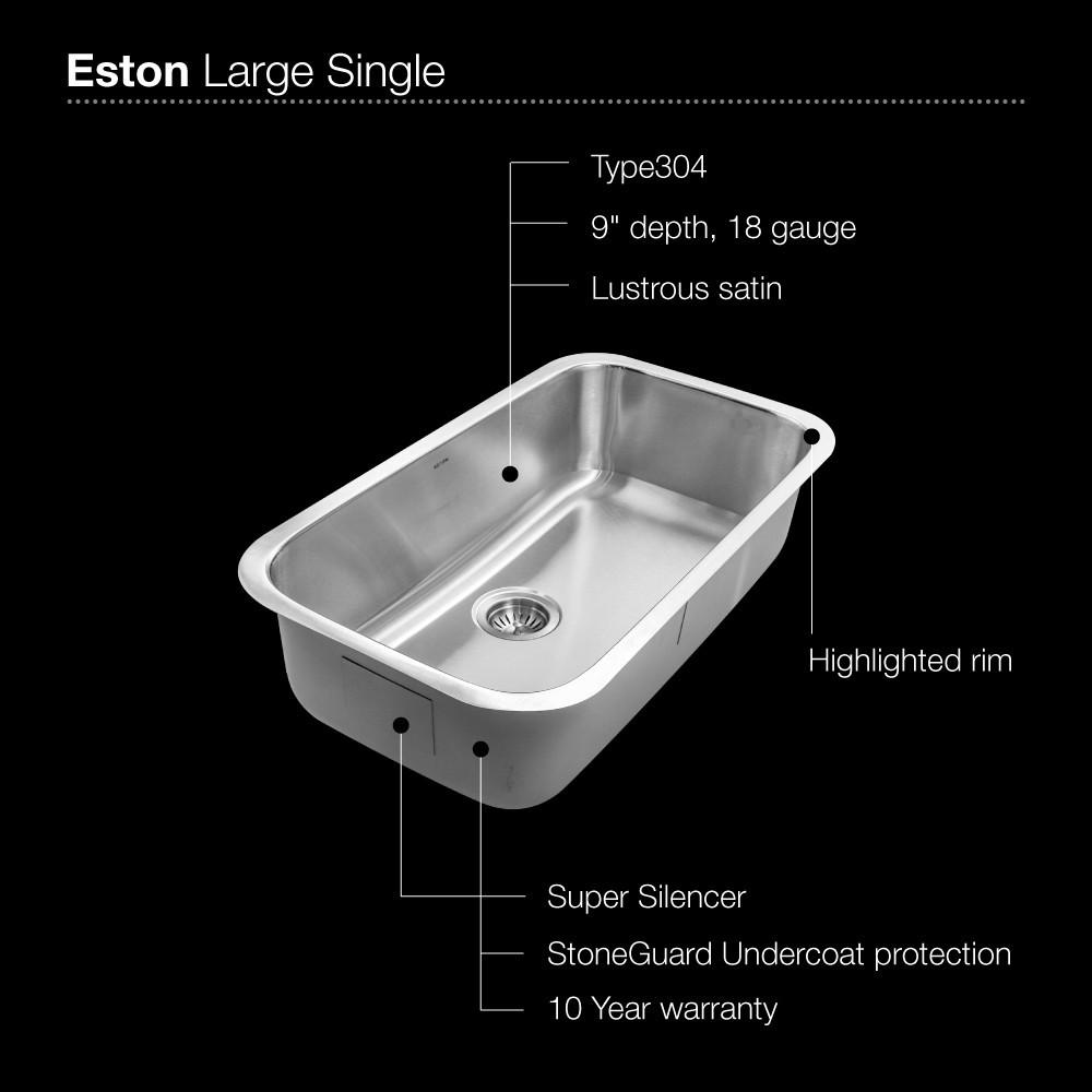 Houzer Eston Series Undermount Stainless Steel Large Single Bowl Kitchen Sink, 18 Gauge Kitchen Sink - Undermount Houzer 