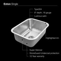 Thumbnail for Houzer Eston Series Undermount Stainless Steel Single Bowl Kitchen Sink, 18 Gauge Bar Sink - Undermount Houzer 