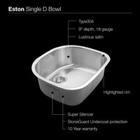 Thumbnail for Houzer Eston Series Undermount Stainless Steel Single D Bowl Kitchen Sink, 18 Gauge Bar Sink - Undermount Houzer 