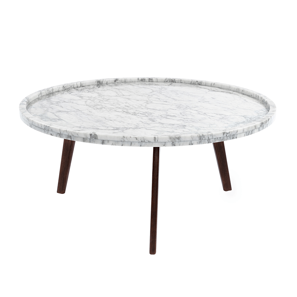 Cassara 31" Round Italian Carrara White Marble Coffee Table with Walnut Legs Console Table The Bianco Collection 