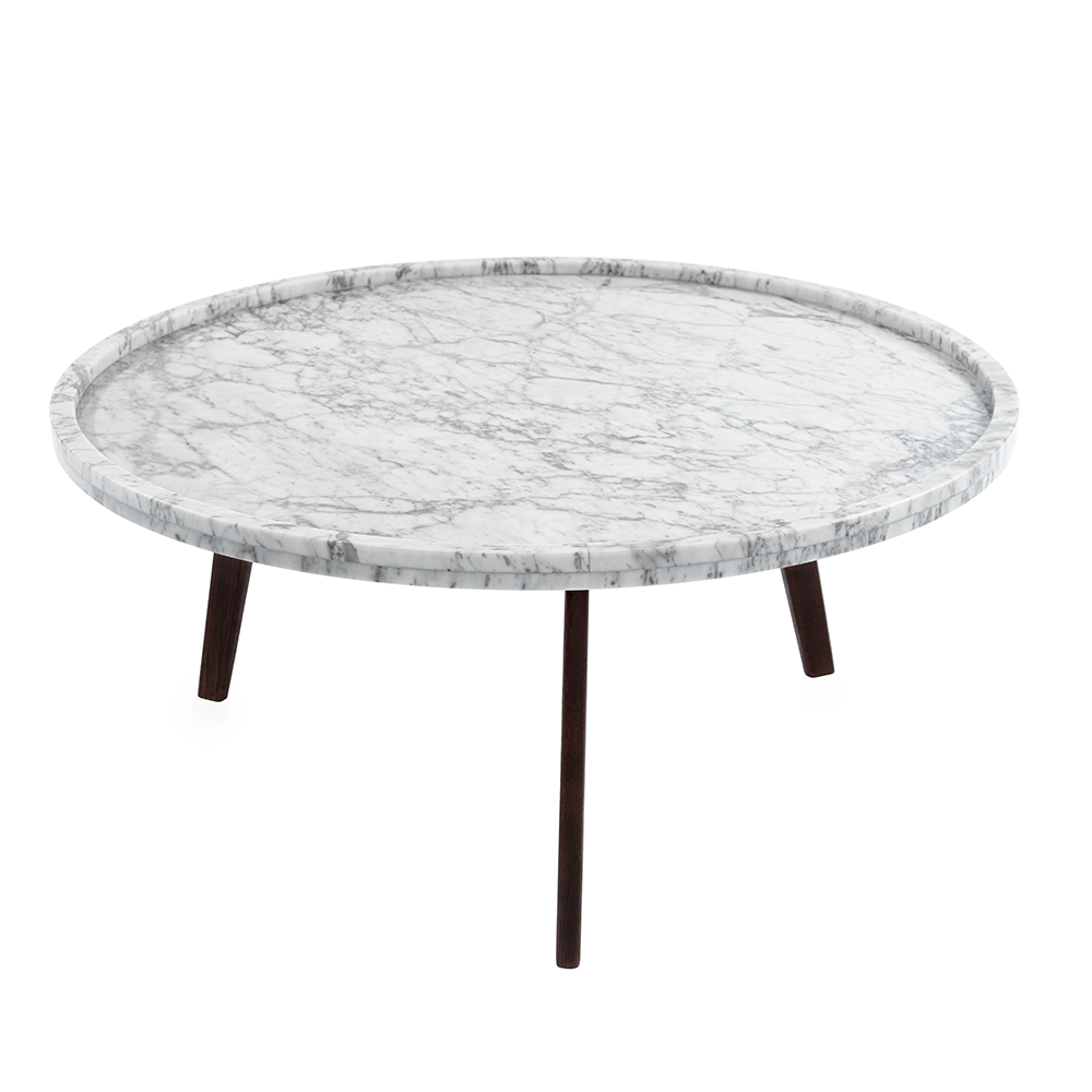 Cassara 31" Round Italian Carrara White Marble Coffee Table with Walnut Legs Console Table The Bianco Collection 