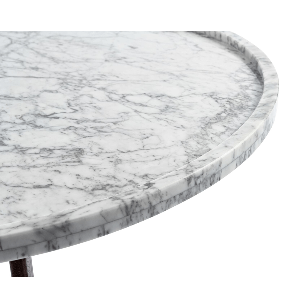 Cassara 31" Round Italian Carrara White Marble Coffee Table with Walnut Legs Console Table The Bianco Collection 
