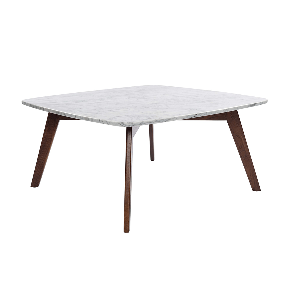 Vezzana 31" Square Italian Carrara White Marble Table with Legs Coffee Table The Bianco Collection Walnut 