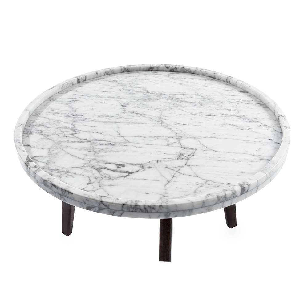Cassara 19" Round Italian Carrara White Marble Side Table with Walnut Legs End Table The Bianco Collection 