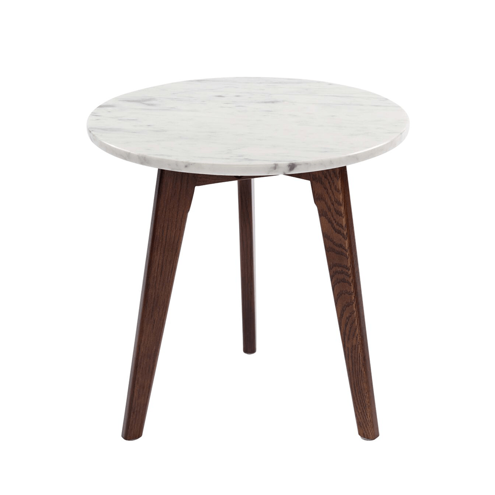 Cherie 15" Round Italian Carrara White Marble Table with Legs End Table The Bianco Collection Walnut 