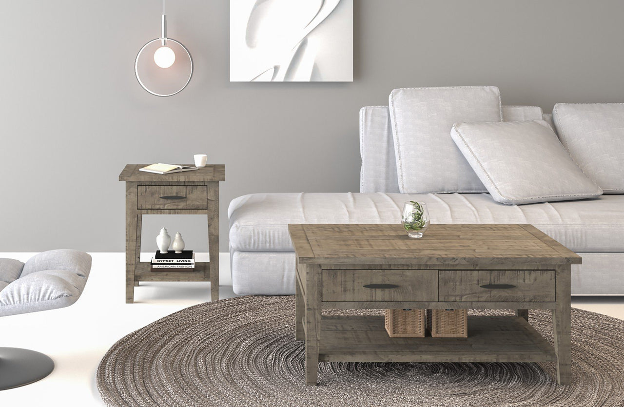 Ashford 40" Reclaimed Wood Coffee Table with Storage Shelf and Two Drawers Coffee Table AndMakers Grey 