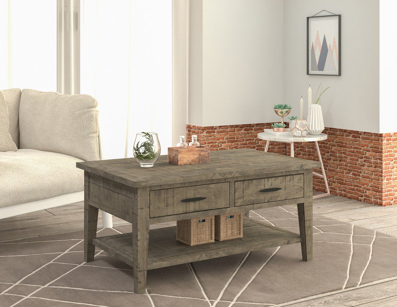 Ashford 40" Reclaimed Wood Coffee Table with Storage Shelf and Two Drawers Coffee Table AndMakers 