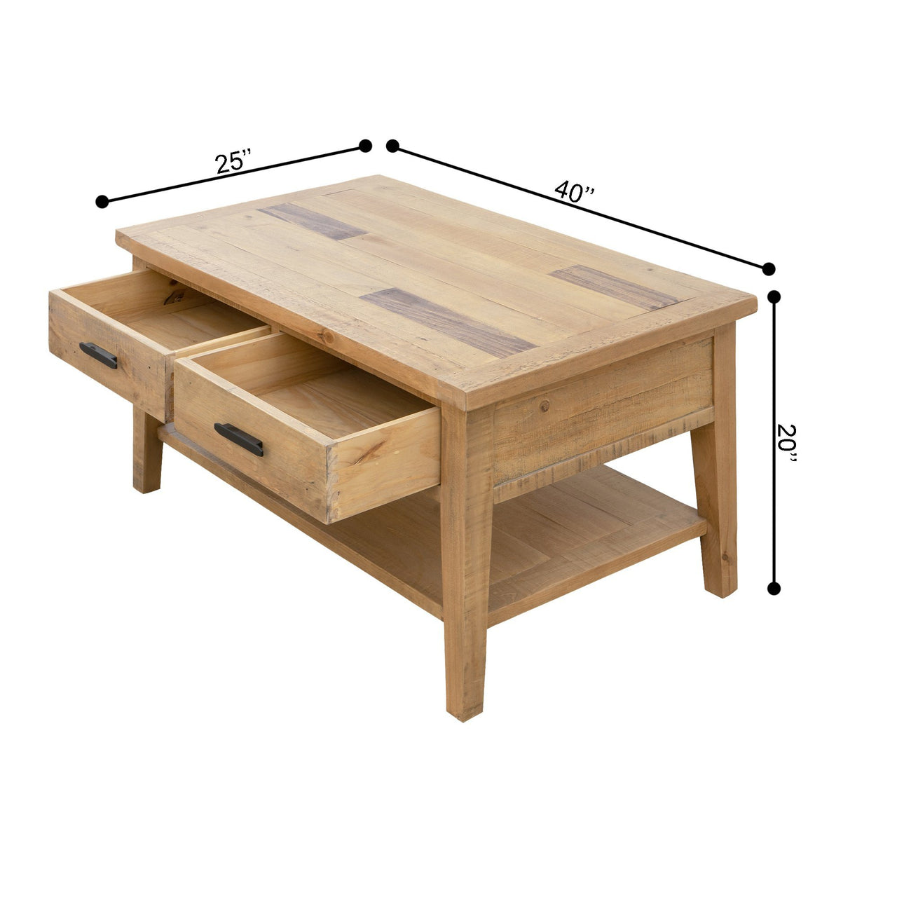Ashford 40" Reclaimed Wood Coffee Table with Storage Shelf and Two Drawers Coffee Table AndMakers 