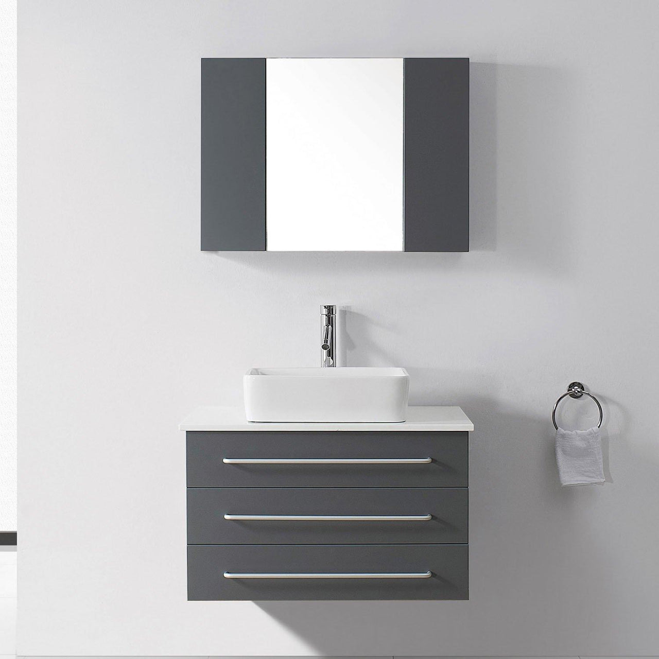 Virtu USA Ivy 36" Single Square Sink Grey Top Vanity in Grey with Polished Chrome Faucet and Mirror Vanity Virtu USA 