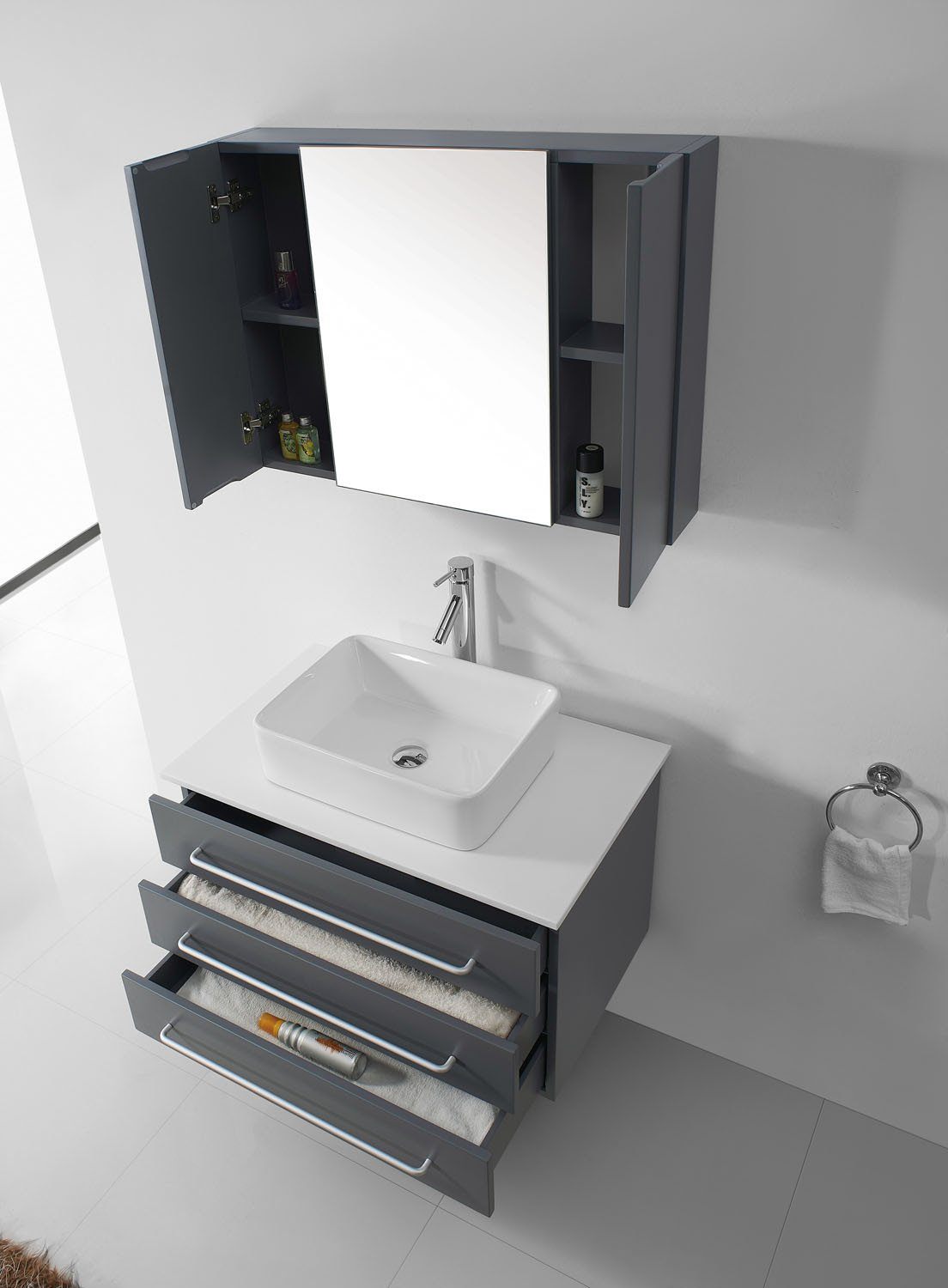 Virtu USA Ivy 36" Single Square Sink Grey Top Vanity in Grey with Polished Chrome Faucet and Mirror Vanity Virtu USA 