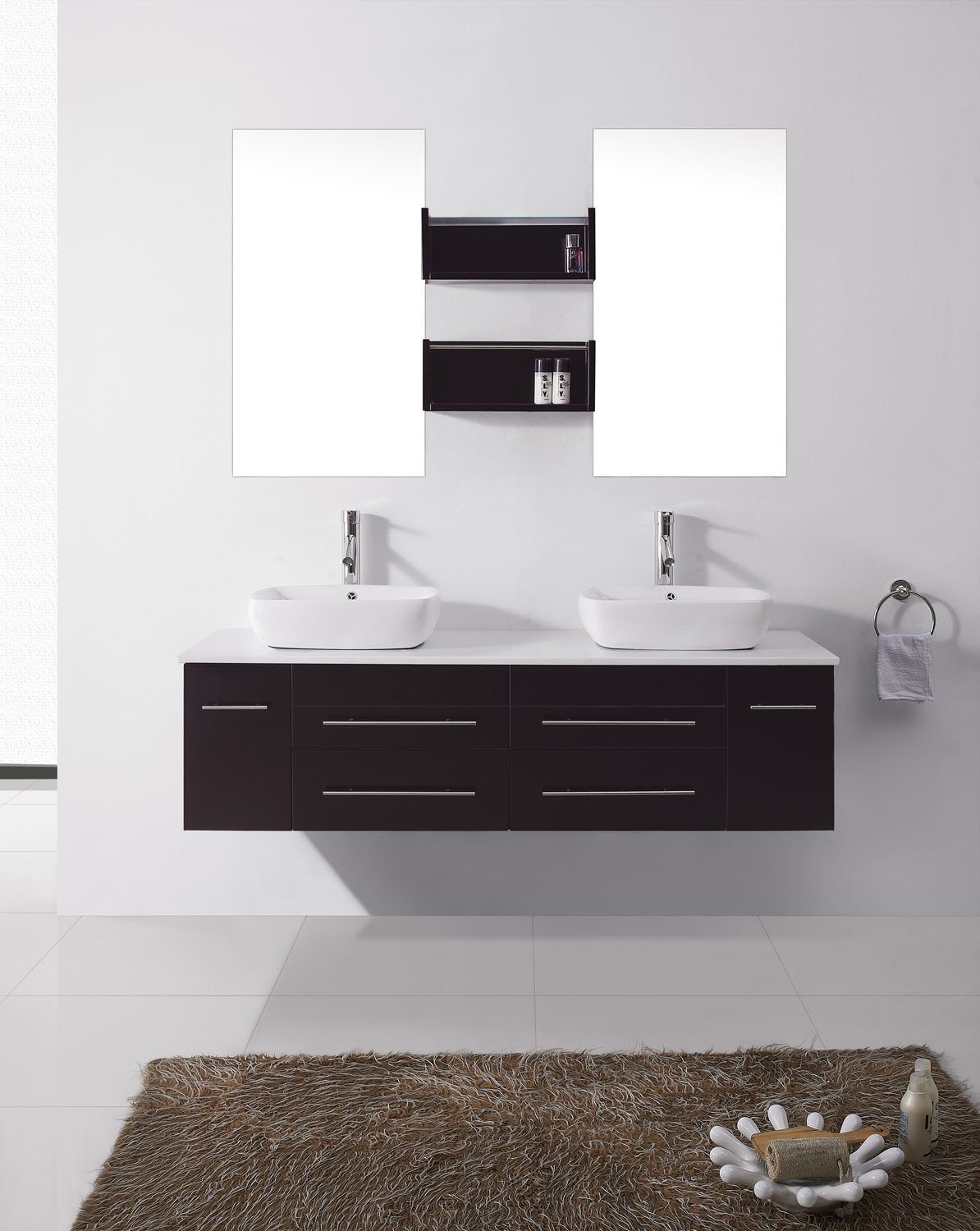 Virtu USA Augustine 59" Double Square Sink Espresso Top Vanity in Espresso with Polished Chrome Faucet and Mirrors Vanity Virtu USA 