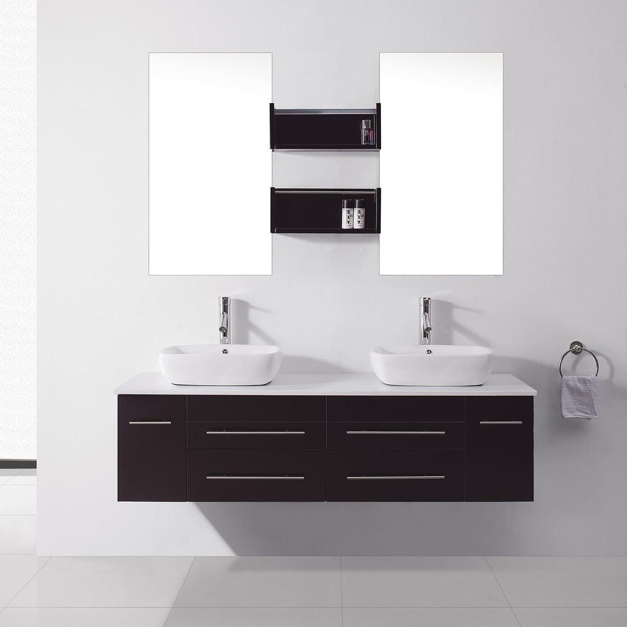 Virtu USA Augustine 59" Double Square Sink Espresso Top Vanity in Espresso with Polished Chrome Faucet and Mirrors