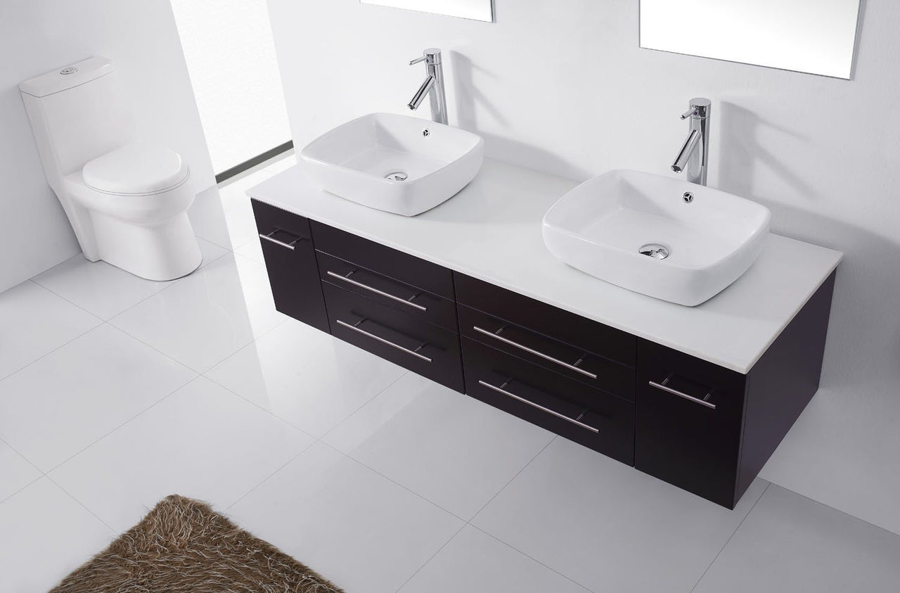Virtu USA Augustine 59" Double Square Sink Espresso Top Vanity with Brushed Nickel Faucet and Mirrors