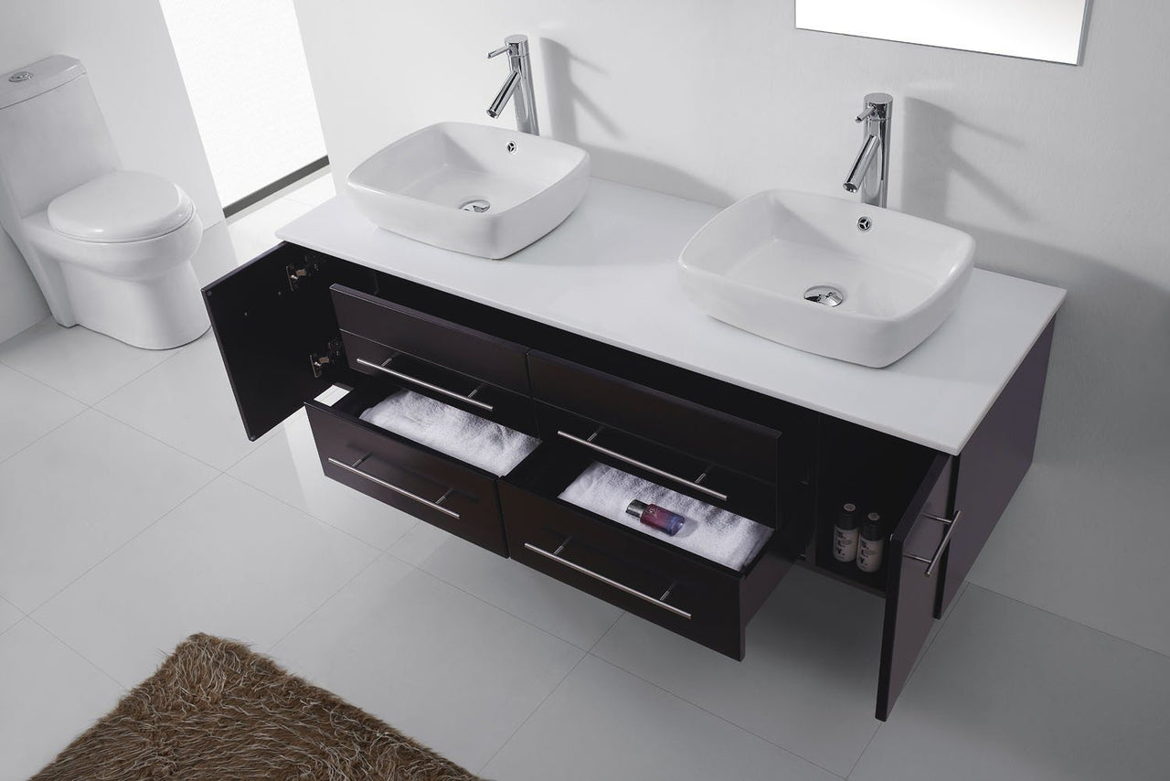 Virtu USA Augustine 59" Double Square Sink Espresso Top Vanity with Brushed Nickel Faucet and Mirrors Vanity Virtu USA 