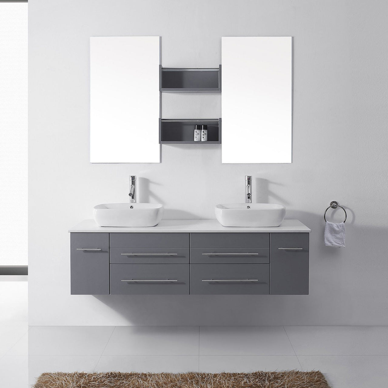 Virtu USA Augustine 59" Double Square Sink Grey Top Vanity with Brushed Nickel Faucet and Mirrors Vanity Virtu USA 