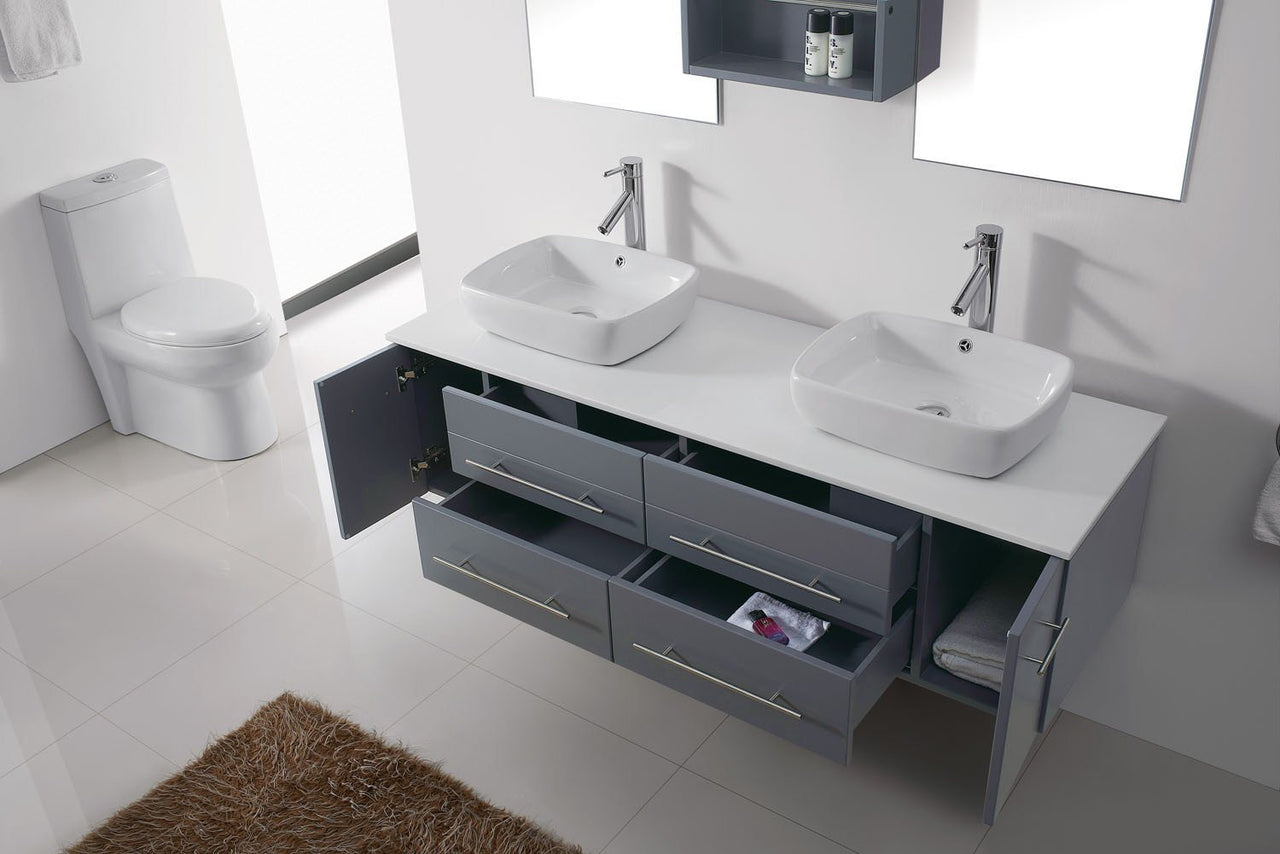 Virtu USA Augustine 59" Double Square Sink Grey Top Vanity with Polished Chrome Faucet and Mirrors Vanity Virtu USA 