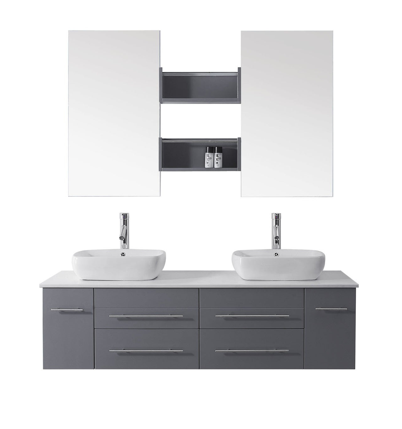 Virtu USA Augustine 59" Double Square Sink Grey Top Vanity with Brushed Nickel Faucet and Mirrors Vanity Virtu USA 