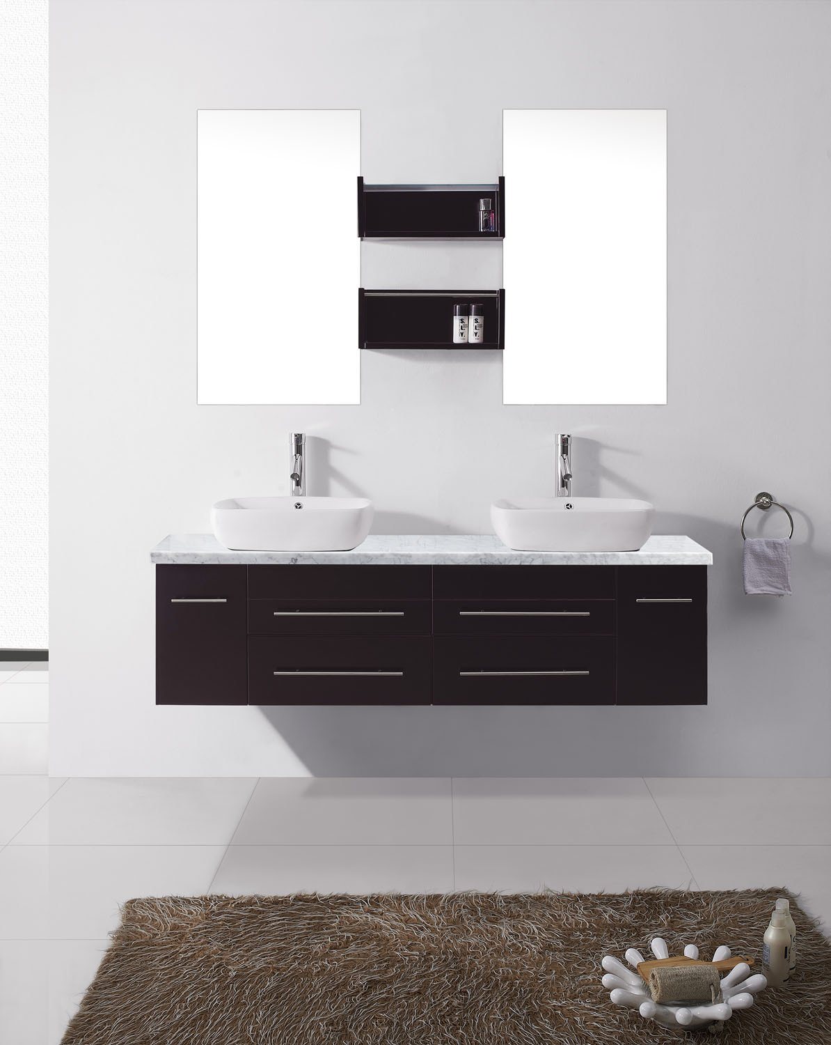 Virtu USA Augustine 59" Double Square Sink Espresso Top Vanity with Brushed Nickel Faucet and Mirrors