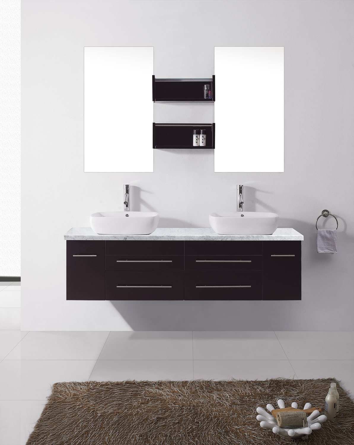 Virtu USA Augustine 59" Double Square Sink Espresso Top Vanity in Espresso with Polished Chrome Faucet and Mirrors Vanity Virtu USA 