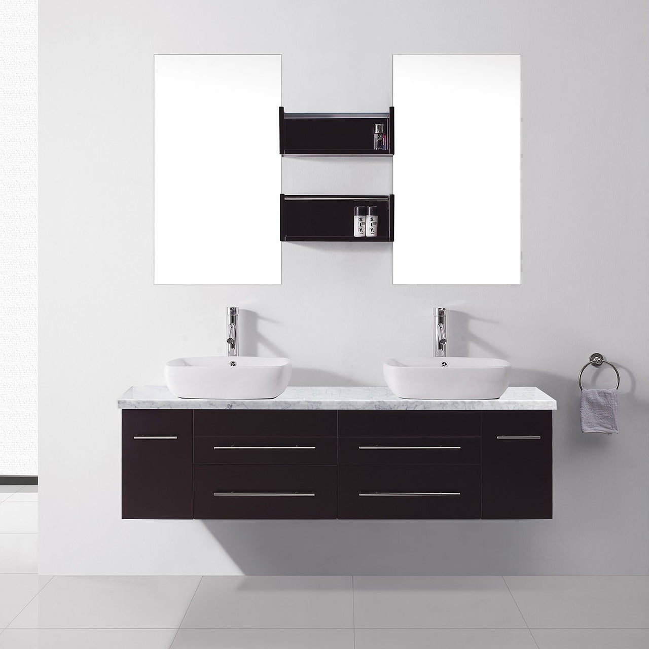 Virtu USA Augustine 59" Double Square Sink Espresso Top Vanity in Espresso with Polished Chrome Faucet and Mirrors Vanity Virtu USA 