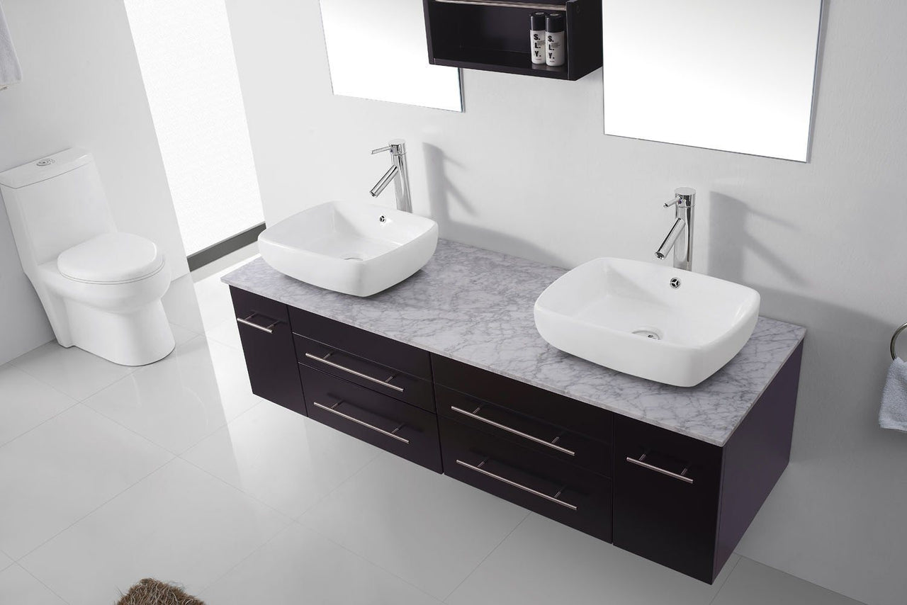 Virtu USA Augustine 59" Double Square Sink Espresso Top Vanity in Espresso with Polished Chrome Faucet and Mirrors Vanity Virtu USA 