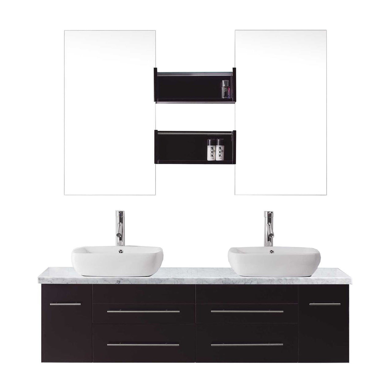Virtu USA Augustine 59" Double Square Sink Espresso Top Vanity in Espresso with Polished Chrome Faucet and Mirrors Vanity Virtu USA 