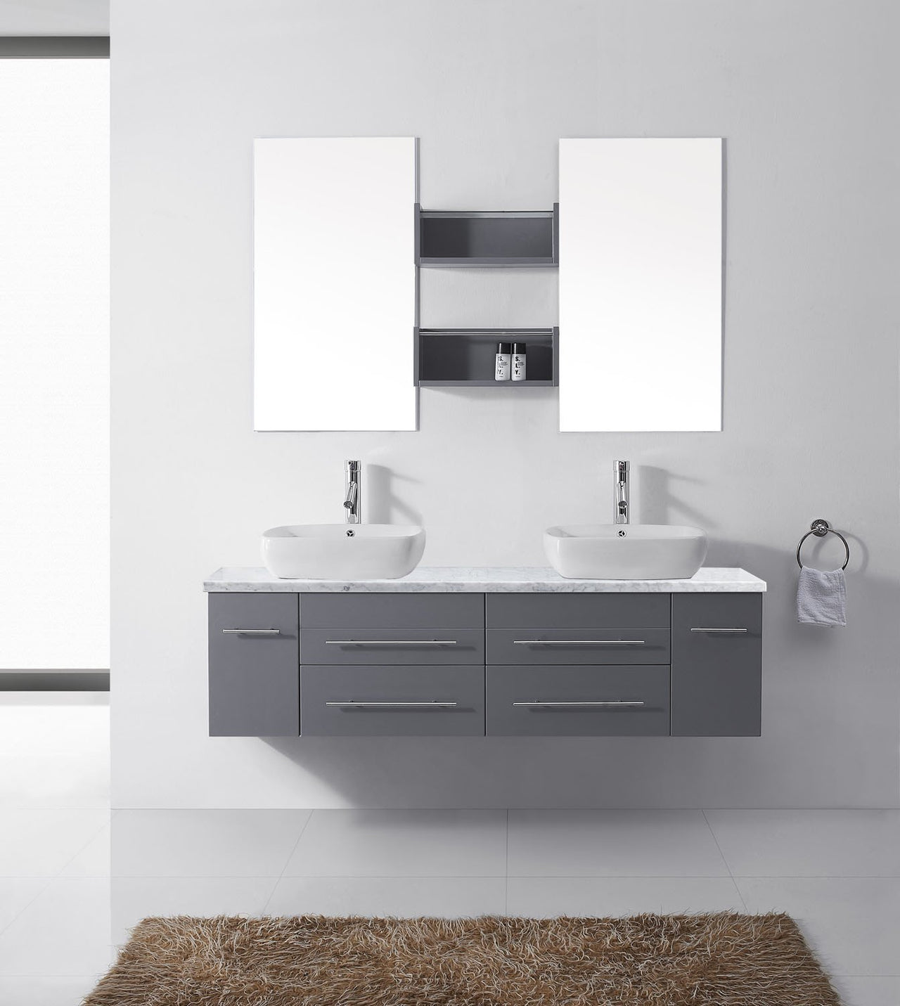 Virtu USA Augustine 59" Double Square Sink Grey Top Vanity in Grey with Polished Chrome Faucet and Mirrors Vanity Virtu USA 