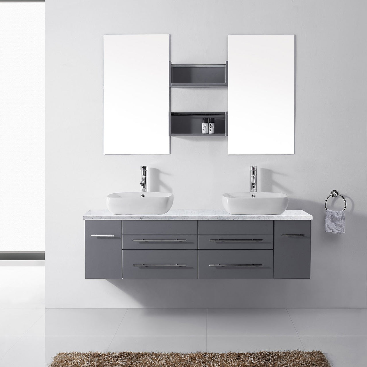 Virtu USA Augustine 59" Double Square Sink Grey Top Vanity in Grey with Polished Chrome Faucet and Mirrors Vanity Virtu USA 