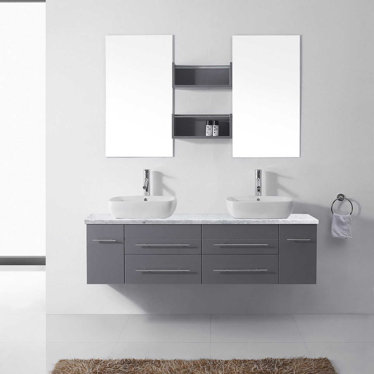 Virtu USA Augustine 59" Double Square Sink Grey Top Vanity in Grey with Brushed Nickel Faucet and Mirrors Vanity Virtu USA 
