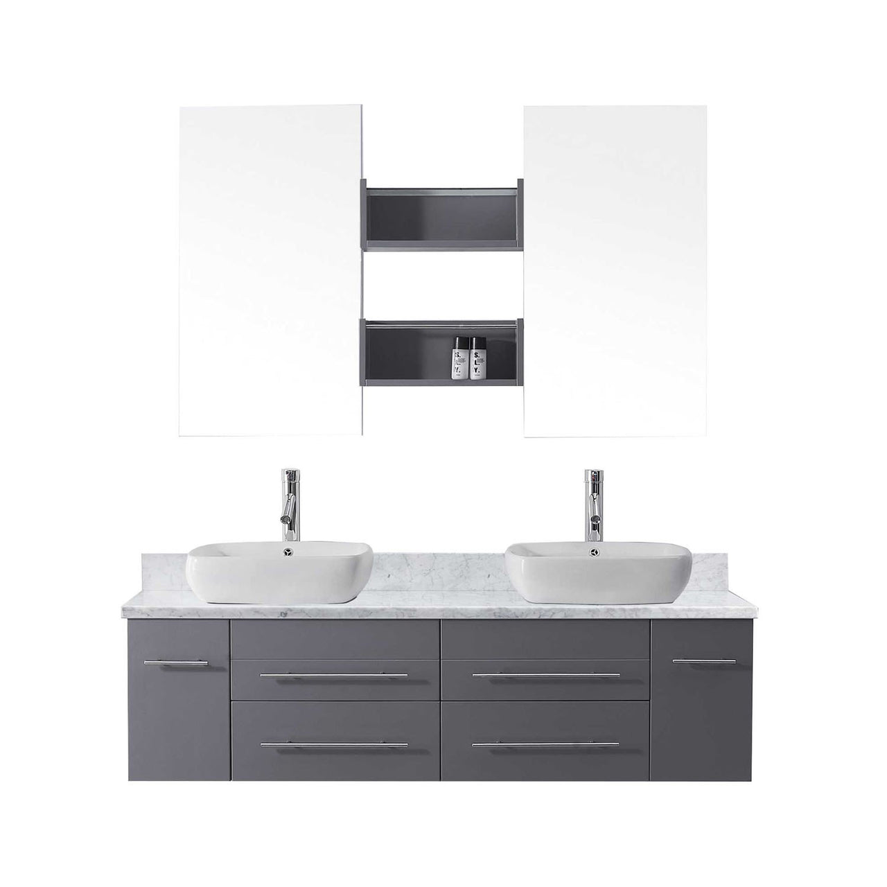Virtu USA Augustine 59" Double Square Sink Grey Top Vanity in Grey with Polished Chrome Faucet and Mirrors Vanity Virtu USA 